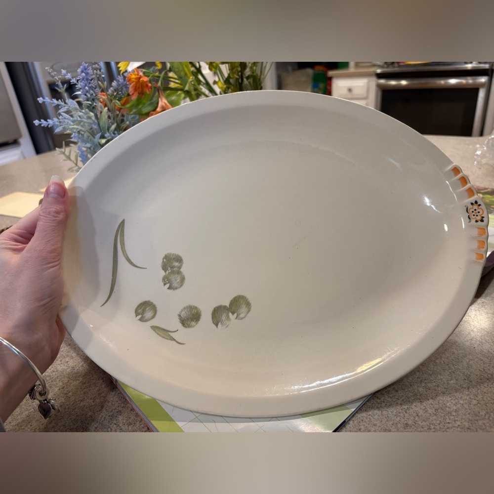 Paden City Shell Krest 1930/ White Platter with Green Leaf Design Platter